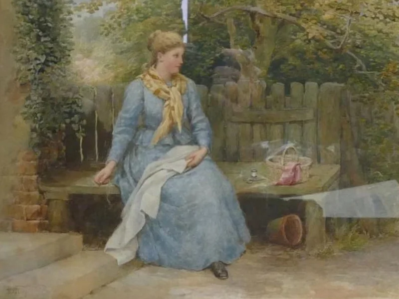1831-Samuel McCloy - Una signora che rammenda i vestiti con un cestino da cucito accanto